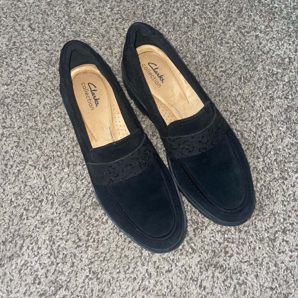 Clarks Collection Calla Ease Black Suede Leopard Print Strap Loafers - Picture 3 of 6